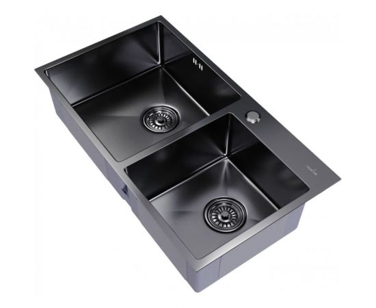 Настольная мойка MIXLINE PRO 72x40, 3 мм, 2-х чашевая, выпуск 3 1/2, 22 см, с сифоном, черный графит 547241 