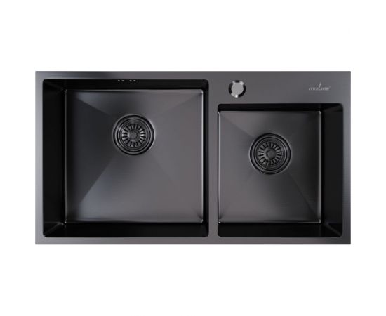 Настольная мойка MIXLINE PRO 72x40, 3 мм, 2-х чашевая, выпуск 3 1/2, 22 см, с сифоном, черный графит 547241 – изображение 2