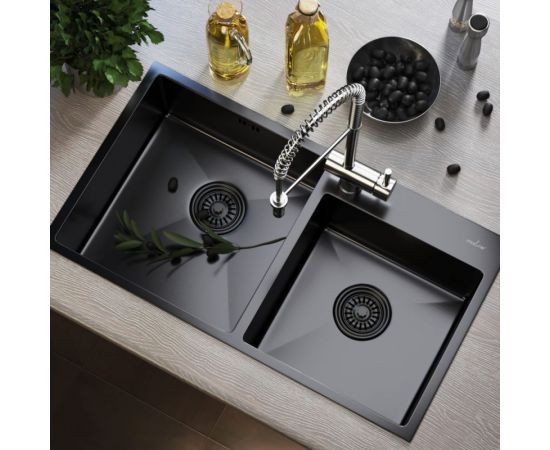 Настольная мойка MIXLINE PRO 72x40, 3 мм, 2-х чашевая, выпуск 3 1/2, 22 см, с сифоном, черный графит 547241 – изображение 4