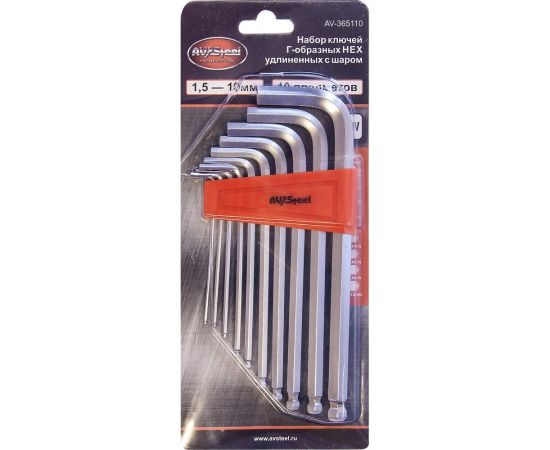 Набор удлиненных Г-образных ключей HEX с шаром AV Steel 1,5-10мм 10 предм. AV-365110 