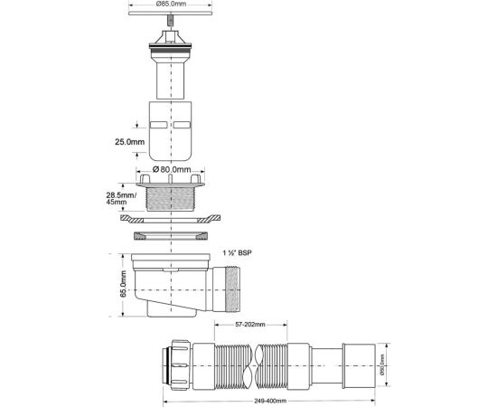 Сифон для поддона McAlpine (выпуск 80 мм) 50/75-1 1/2, h=65мм, с гофрой 40/50 (L=300-500мм) MRS6C-SLF-65 – изображение 2