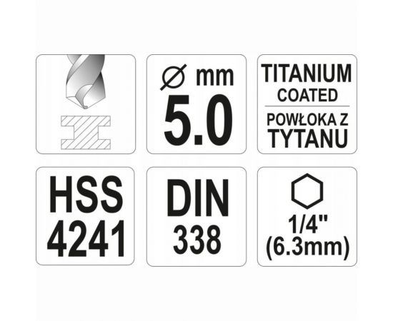Сверло по металлу HSS-TiN 5.0 мм с хвостовиком HEX1/4 YATO YT-44761 – изображение 4