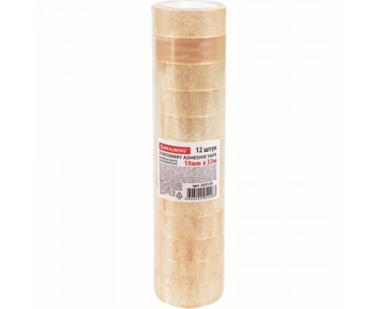 Клейкие ленты BRAUBERG 19 мм х 33 м, канцелярские, комплект 12 шт., прозрачные 223125 