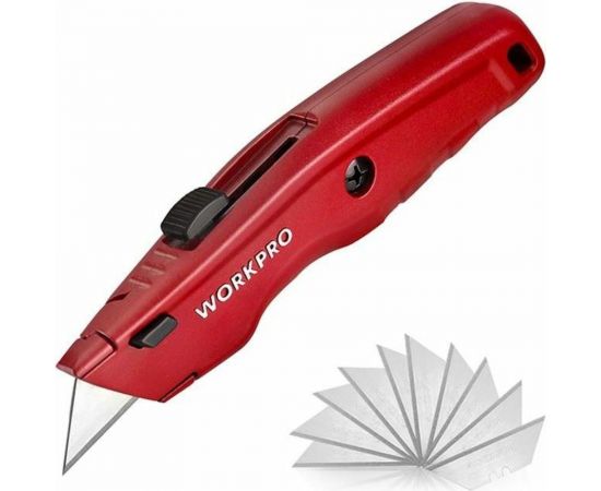 Строительный нож WORKPRO алюминиевый, с выдвижным трапециевидным лезвием, 3 лезвия WP213017 – изображение 2