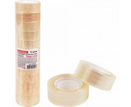 Клейкие ленты BRAUBERG 19 мм х 33 м, канцелярские, комплект 12 шт., прозрачные 223125 – изображение 2