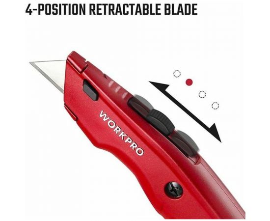 Строительный нож WORKPRO алюминиевый, с выдвижным трапециевидным лезвием, 3 лезвия WP213017 – изображение 4