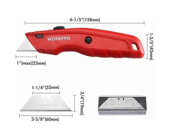 Строительный нож WORKPRO алюминиевый, с выдвижным трапециевидным лезвием, 3 лезвия WP213017 – изображение 5