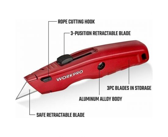 Строительный нож WORKPRO алюминиевый, с выдвижным трапециевидным лезвием, 3 лезвия WP213017 – изображение 7