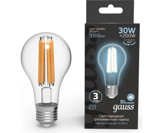 Лампа Gauss Filament А70 30W 3100lm 4100К Е27 LED 1/10/40 102902230 