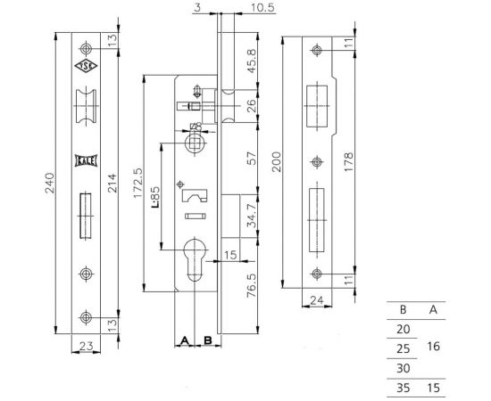 Корпус узкопрофильного замка с защёлкой KALE KILIT 153 (35 мм) w/b никель 10393 – изображение 2