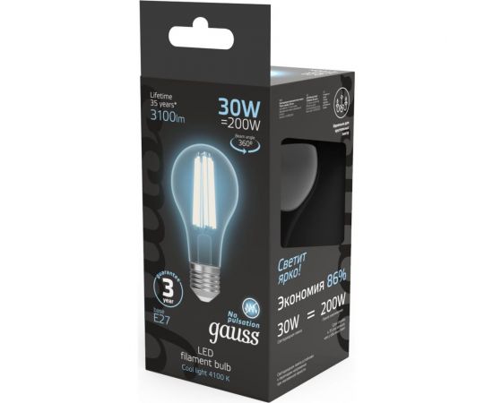 Лампа Gauss Filament А70 30W 3100lm 4100К Е27 LED 1/10/40 102902230 – изображение 3