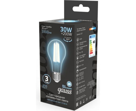 Лампа Gauss Filament А70 30W 3100lm 4100К Е27 LED 1/10/40 102902230 – изображение 4