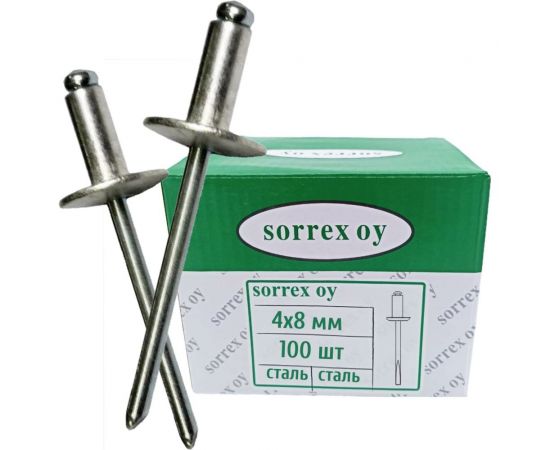 Заклепка SORREX широкий бортик 12 мм, сталь/сталь, 4х8, 100 шт. SSL 40800 100 