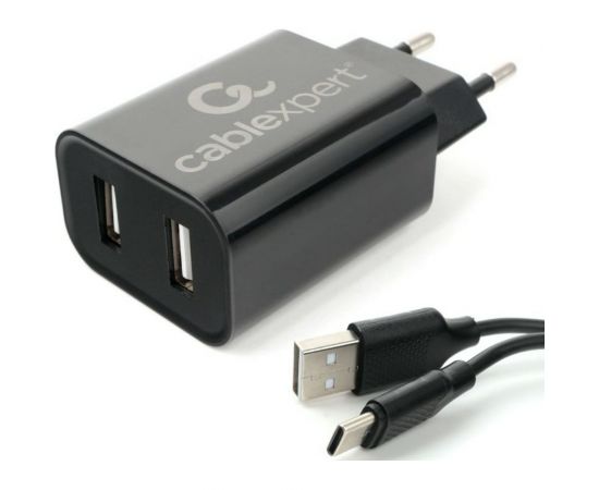 Адаптер питания Cablexpert USB 2 порта, 2.4A, черный + кабель 1м Type-C MP3A-PC-37 