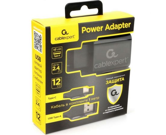 Адаптер питания Cablexpert USB 2 порта, 2.4A, черный + кабель 1м Type-C MP3A-PC-37 – изображение 3
