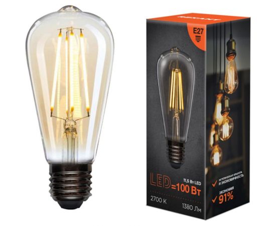 Филаментная лампа REXANT Груша ST64 11.5 Вт 2700K E27 604-139 