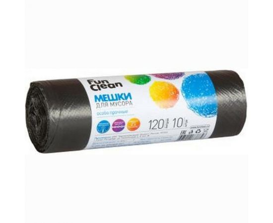 Мешки для мусора ""Особо прочные"" 120 л, 10 шт, черные, ролик Fun Clean 6398 