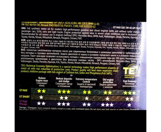 Масло GT OIL Max SAE 5W-40 API SN/CF, 4 л 8809059409015 – изображение 3