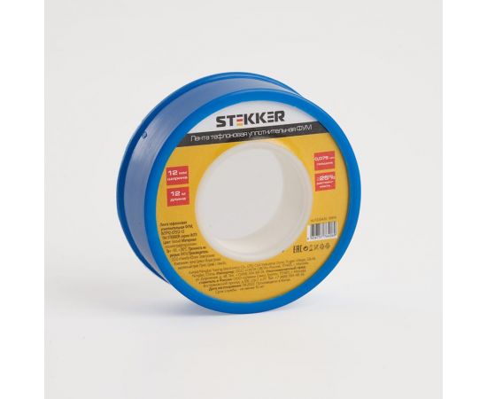 Уплотнительная тефлоновая лента STEKKER 0,3 г/м3, 0,075x12 мм, 12 м, белая INTP12-07512-12 39914 