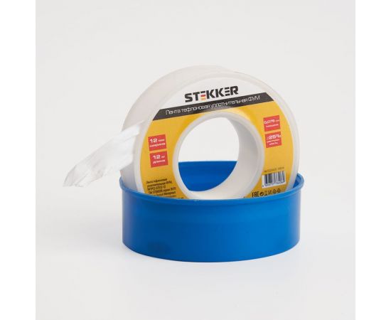 Уплотнительная тефлоновая лента STEKKER 0,3 г/м3, 0,075x12 мм, 12 м, белая INTP12-07512-12 39914 – изображение 3