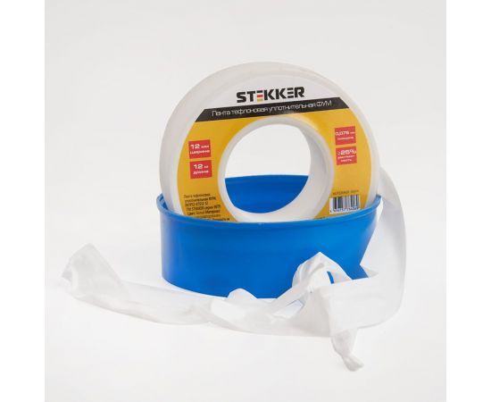 Уплотнительная тефлоновая лента STEKKER 0,3 г/м3, 0,075x12 мм, 12 м, белая INTP12-07512-12 39914 – изображение 4