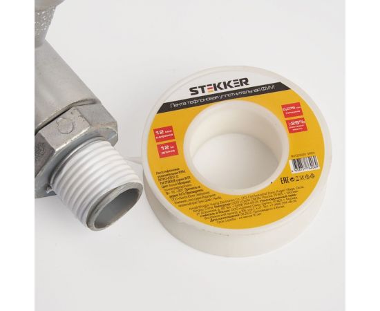 Уплотнительная тефлоновая лента STEKKER 0,3 г/м3, 0,075x12 мм, 12 м, белая INTP12-07512-12 39914 – изображение 5