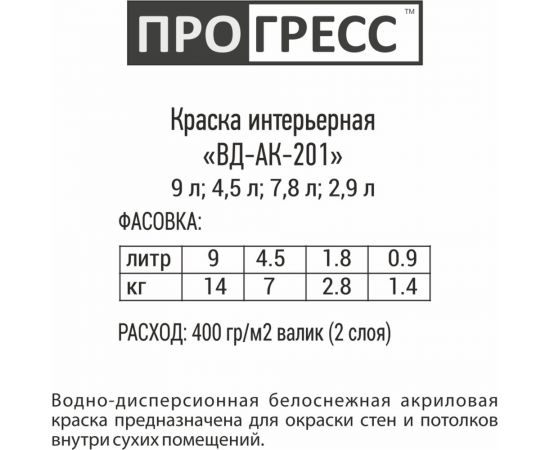 Интерьерная акриловая водно-дисперсионная краска ПРОГРЕСС ВД-АК-201 для стен и потолков, белый, 1.4 кг УТ00001084 – изображение 2