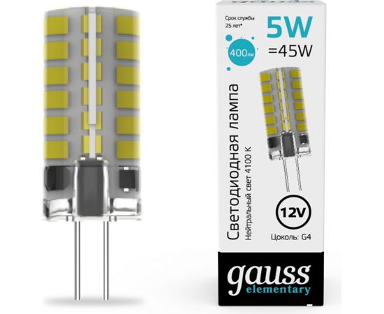 Лампа Gauss elementary g4 12v 5w 400lm 4100k силикон led 1/20/200 18725 