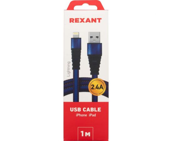 Кабель USB - Lightning REXANT 2.4 А, 1 м, для iPhone синяя нейлоновая оплетка 18-7053 – изображение 3
