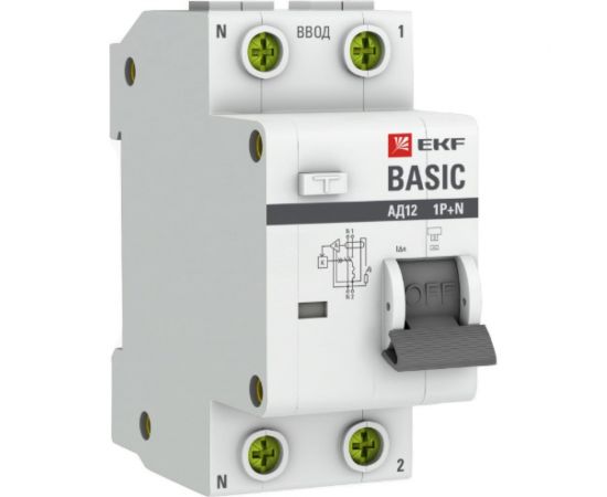 Дифференциальный автомат EKF Basic АД-12, 1P+N, 40А, 30мА, тип АС, характеристика C, электронный, 4,5кА, SQ DA12-40-30-bas 