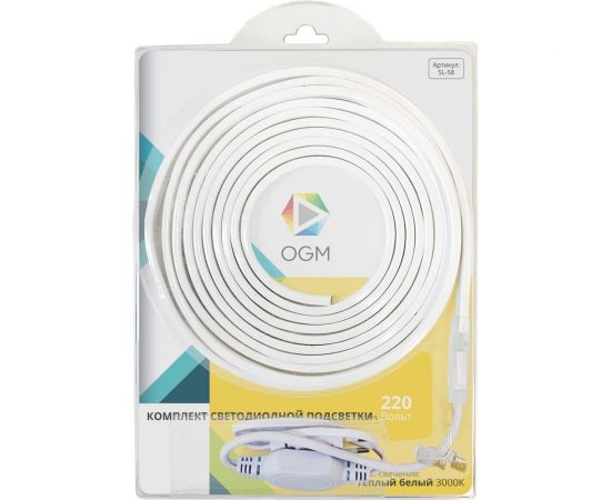Комплект светодиодной ленты OGM 220В, 6Вт/м, smd2835, 60д/м, IP44, 600Лм/м, подложка10мм, 5м, т/б SL-58 