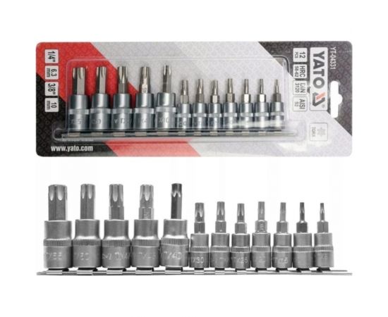Набор головок-бит TORX 1/4" Т8-Т30 3/8" Т40-Т55 12 предметов на металлической планке YATO YT-04331 
