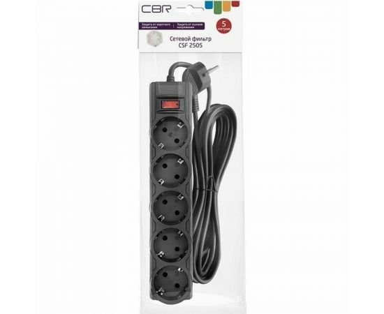 Сетевой фильтр Cbr 5 евророзеток длина кабеля 5 метров цвет чёрный пакет CSF 2505-5.0 Black PC – изображение 2