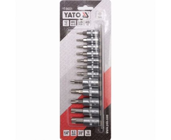 Набор головок-бит TORX 1/4" Т8-Т30 3/8" Т40-Т55 12 предметов на металлической планке YATO YT-04331 – изображение 2