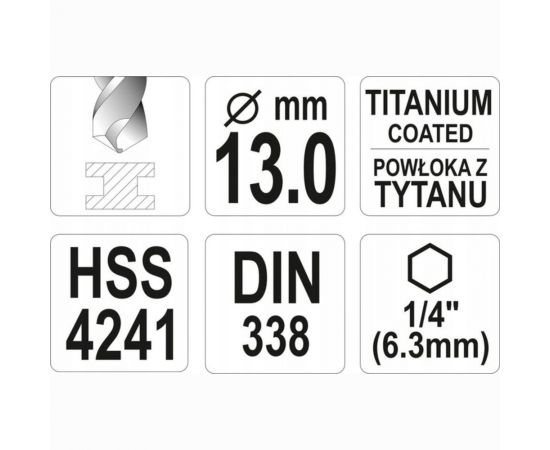 Сверло по металлу HSS-TiN 13.0 мм с хвостовиком HEX1/4 YATO YT-44776 – изображение 4