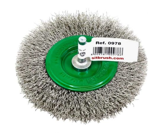 Щетка концевая для дрели 100х9 мм, хв-к 6 мм, проволока гофрированная нерж. сталь 0.3 мм SIT 0978 