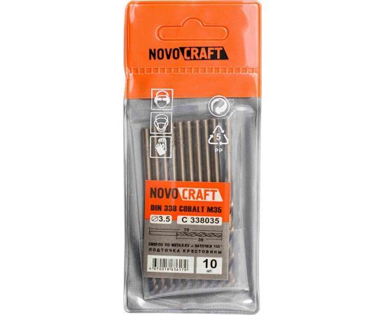 Сверло среднее по металлу (10 шт; 3.5х70х39 мм; Кобальт M35; DIN 338) Novocraft C338035 