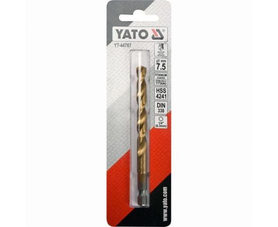 Сверло по металлу HSS-TiN 7.5 мм с хвостовиком HEX1/4 YATO YT-44767 – изображение 3