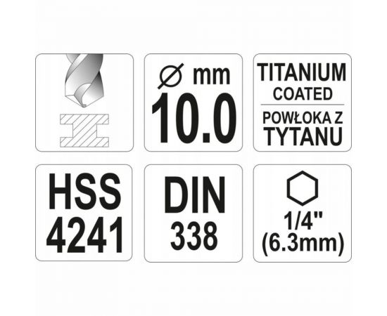 Сверло по металлу HSS-TiN 10.0 мм с хвостовиком HEX1/4 YATO YT-44772 – изображение 4