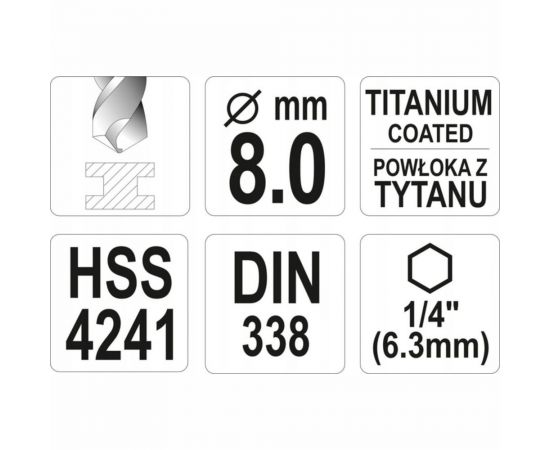 Сверло по металлу HSS-TiN 8.0 мм с хвостовиком HEX1/4 YATO YT-44768 – изображение 4