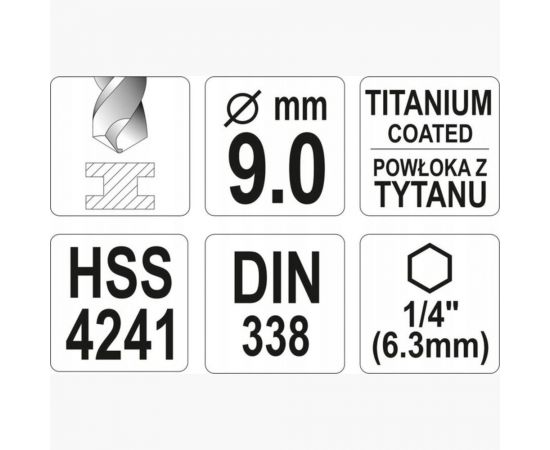Сверло по металлу HSS-TiN 9.0 мм с хвостовиком HEX1/4 YATO YT-44770 – изображение 4