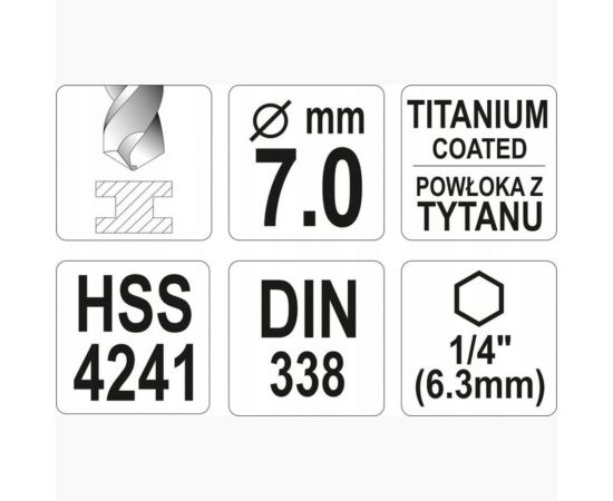 Сверло по металлу HSS-TiN 7.0 мм с хвостовиком HEX1/4 YATO YT-44766 – изображение 4