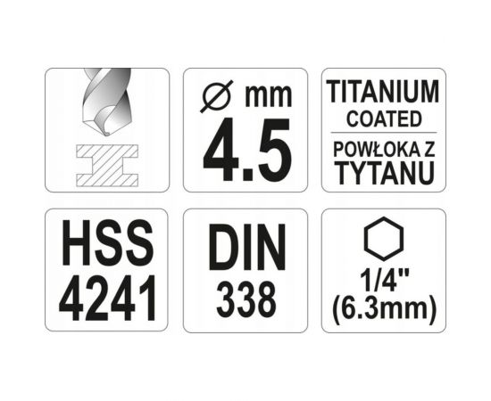 Сверло по металлу HSS-TiN 4.5 мм с хвостовиком HEX1/4 YATO YT-44759 – изображение 4