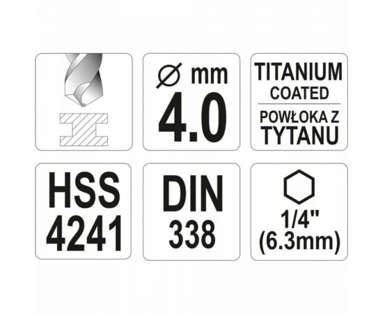 Сверло по металлу HSS-TiN 4.0 мм с хвостовиком HEX1/4 YATO YT-44757 – изображение 4