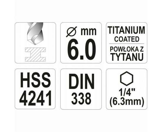 Сверло по металлу HSS-TiN 6.0 мм с хвостовиком HEX1/4 YATO YT-44764 – изображение 4