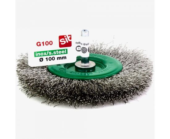 Щетка концевая для дрели 100х9 мм, хв-к 6 мм, проволока гофрированная нерж. сталь 0.3 мм SIT 0978 – изображение 5