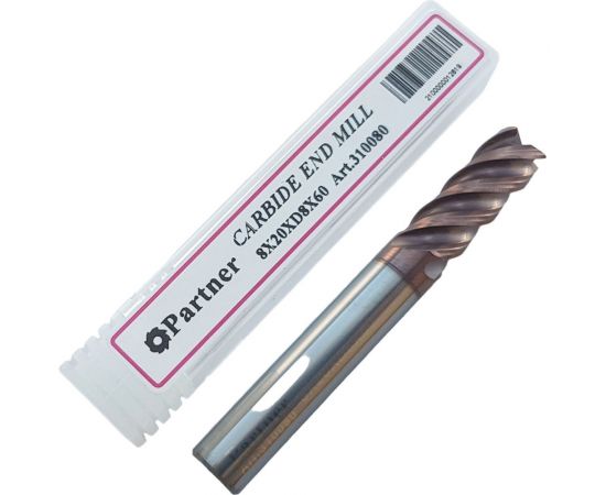 Фреза концевая твердосплавная до 65 НRC Серия 310 (8х20х60 мм; 4-х перая; TiAlSIN; 45 градусов; хв-к 8 мм) Partner 310080 – изображение 2