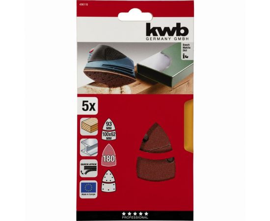Шлифлист для дельташлифмашины kwb 5 шт, 100x62,93 мм, К 180 496118 – изображение 2
