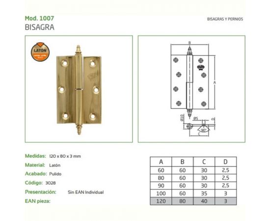 Петля Amig IZ-правая, латунь 1007-120x80 LP (IZ) – изображение 2