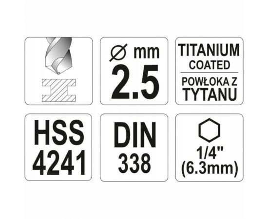 Сверло по металлу HSS-TiN 2.5 мм с хвостовиком HEX1/4 YATO YT-44752 – изображение 4